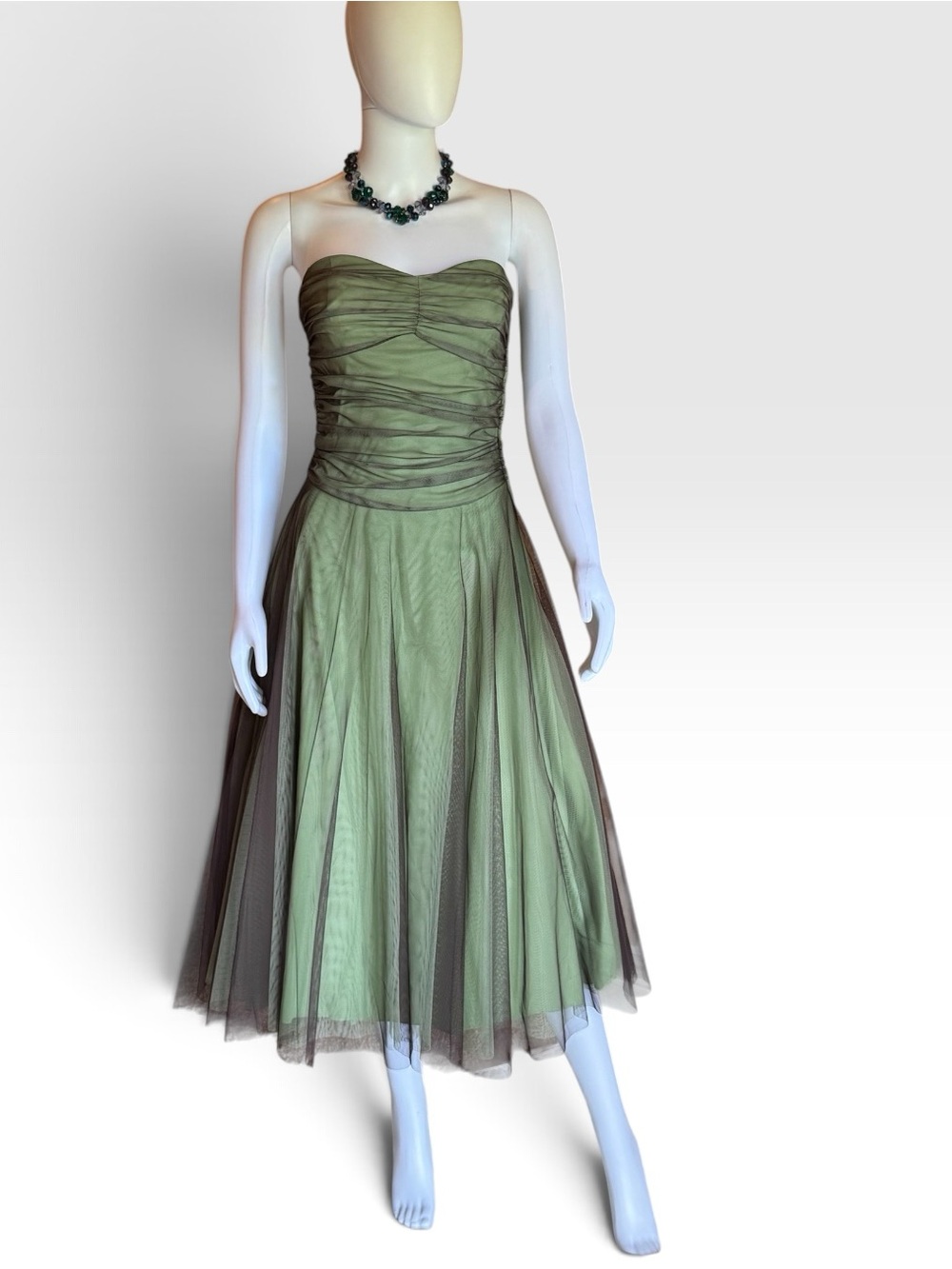 Strapless Olive Green Midi Tulle Dress with Ruched Bodice